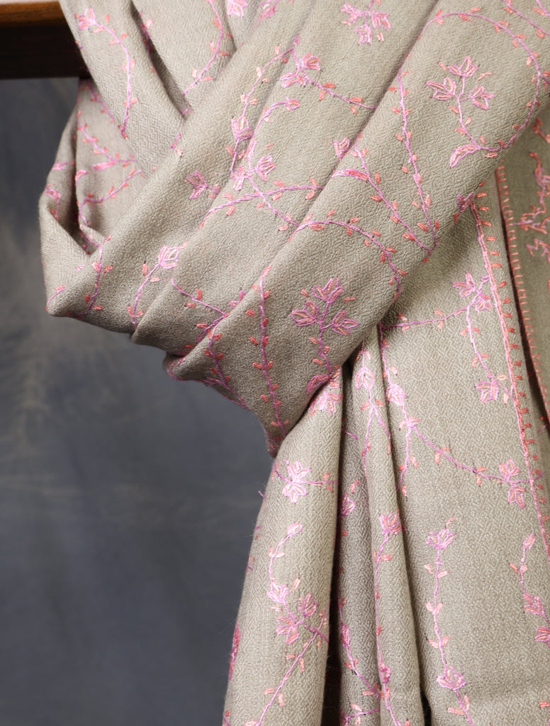 Beige Base Pink Jali Sozni Merino Embroidery Shawl