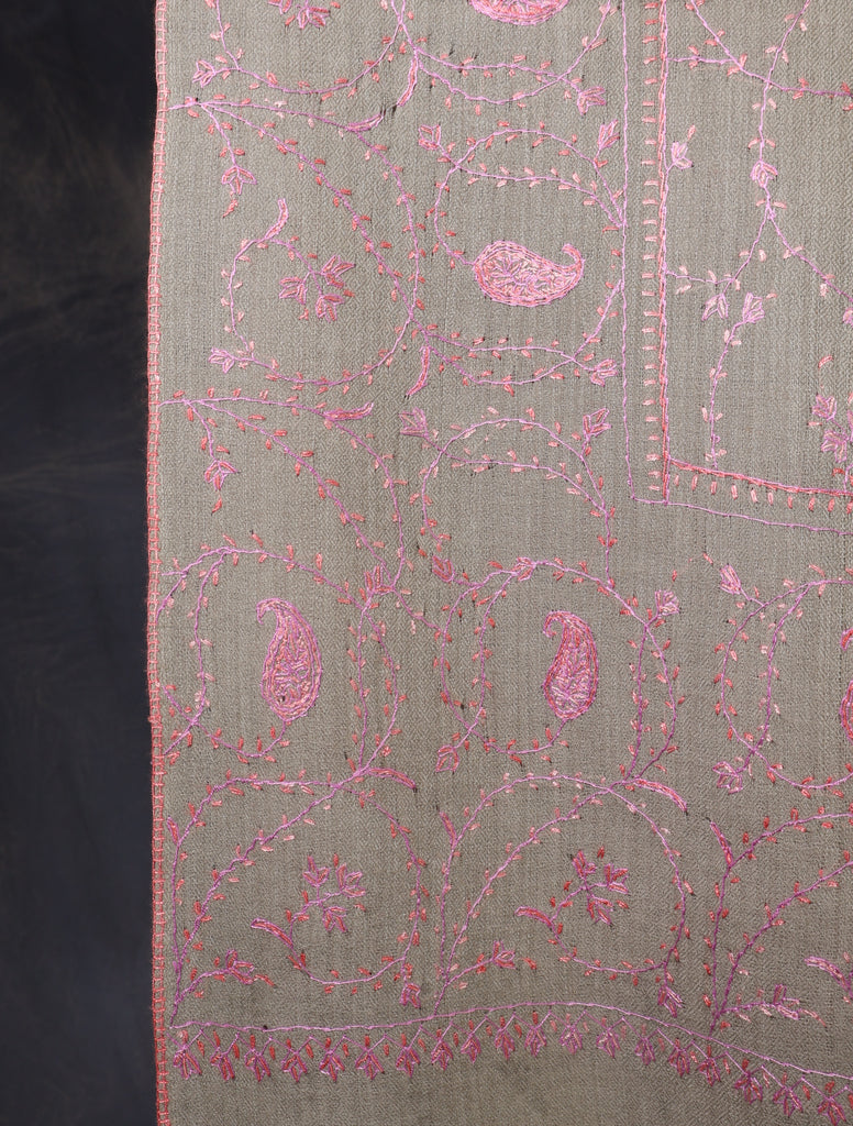 Beige Base Pink Jali Sozni Merino Embroidery Shawl