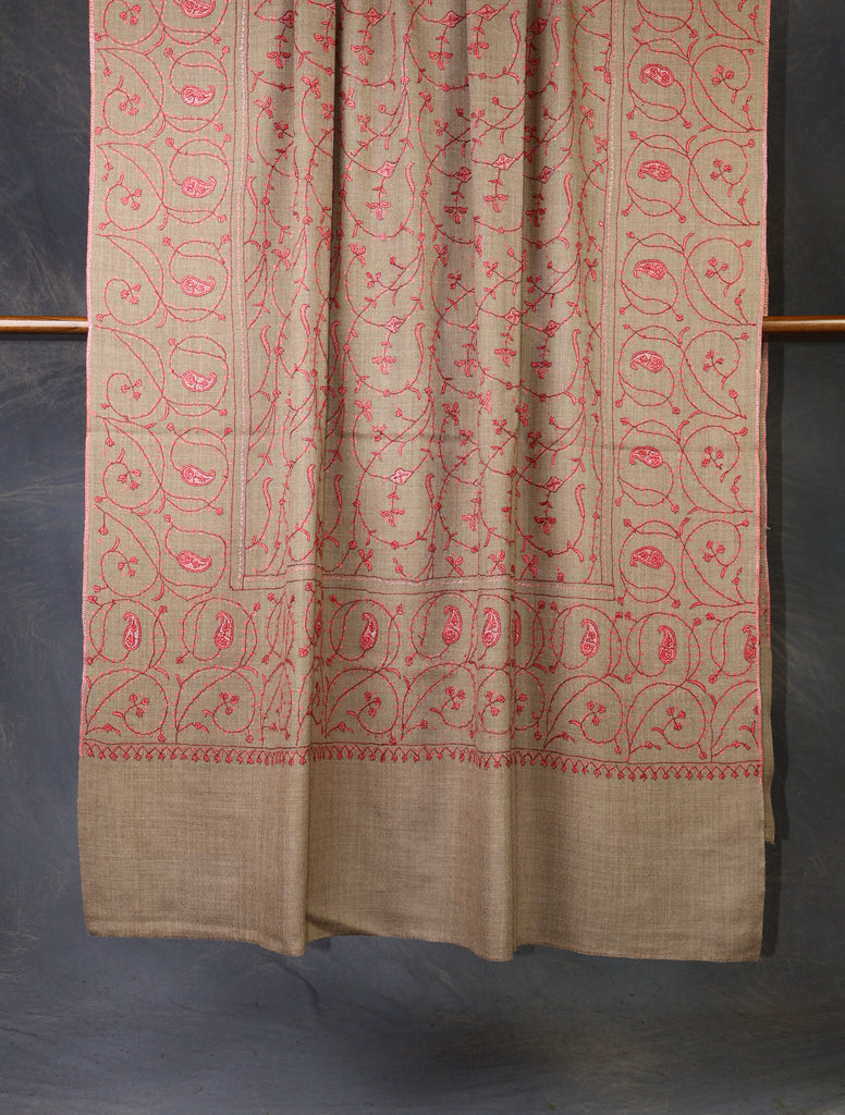 Beige Base Red jali sozni merino embroidery shawl