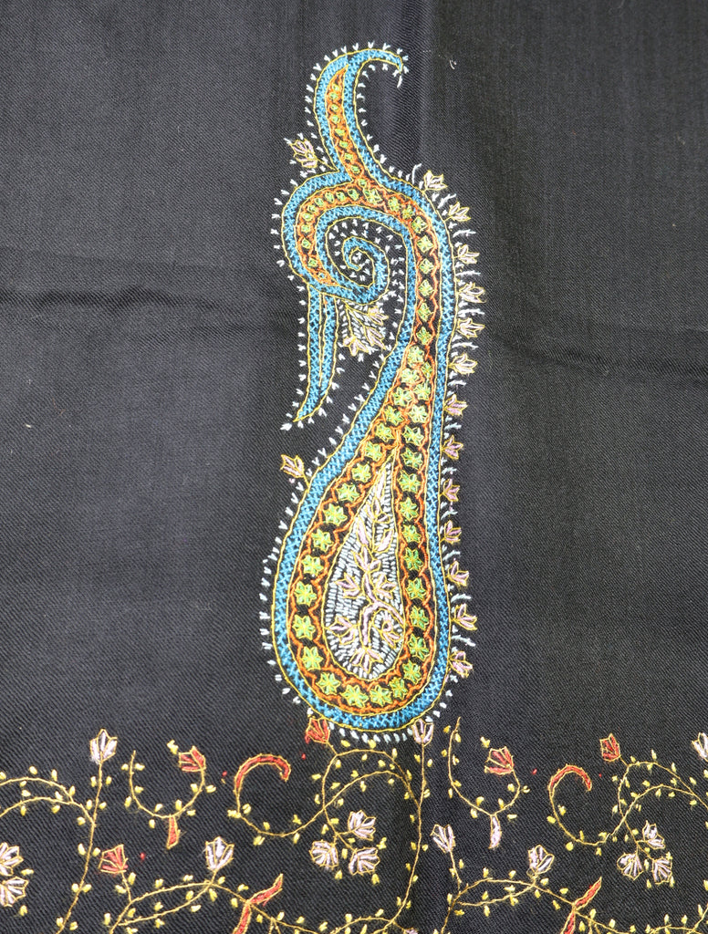 Black Base With Big Border Embroidery Merino Shawl