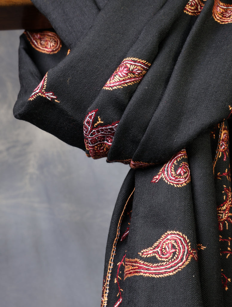 Black Base With Maroon Tone Paisley And Border Embroidery Merino Shawl