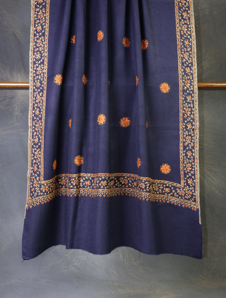 Blue Base With Orange Buteh Motif Merino wool Embroidery Shawl