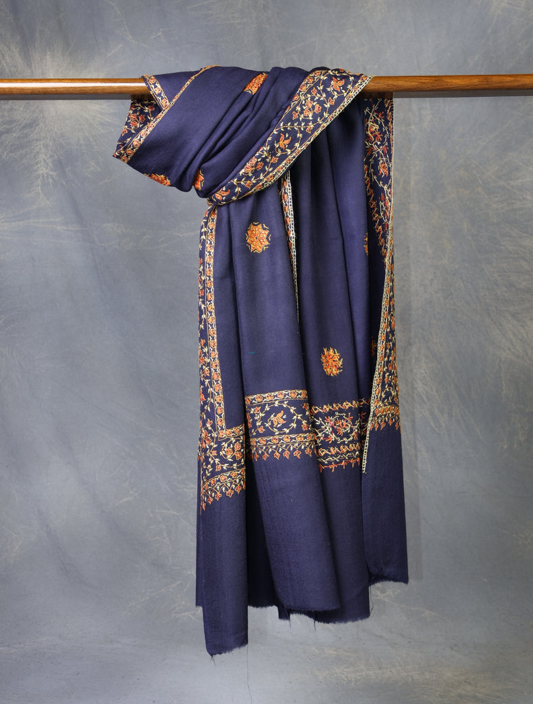 Blue Base With Orange Buteh Motif Merino wool Embroidery Shawl