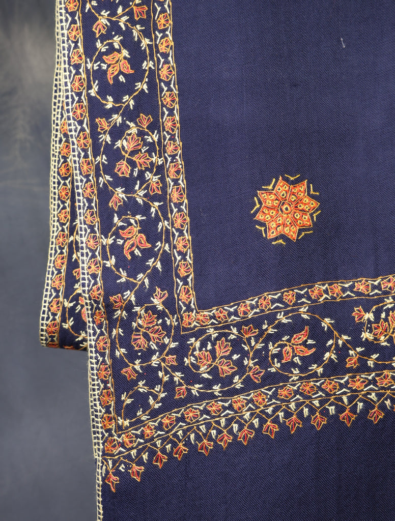 Blue Base With Orange Buteh Motif Merino wool Embroidery Shawl