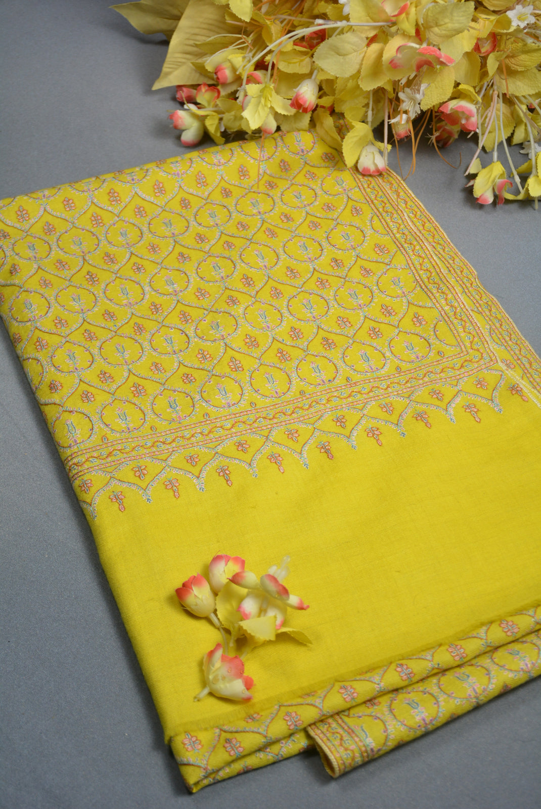 Yellow Jamawar Embroidery Pashmina Shawl