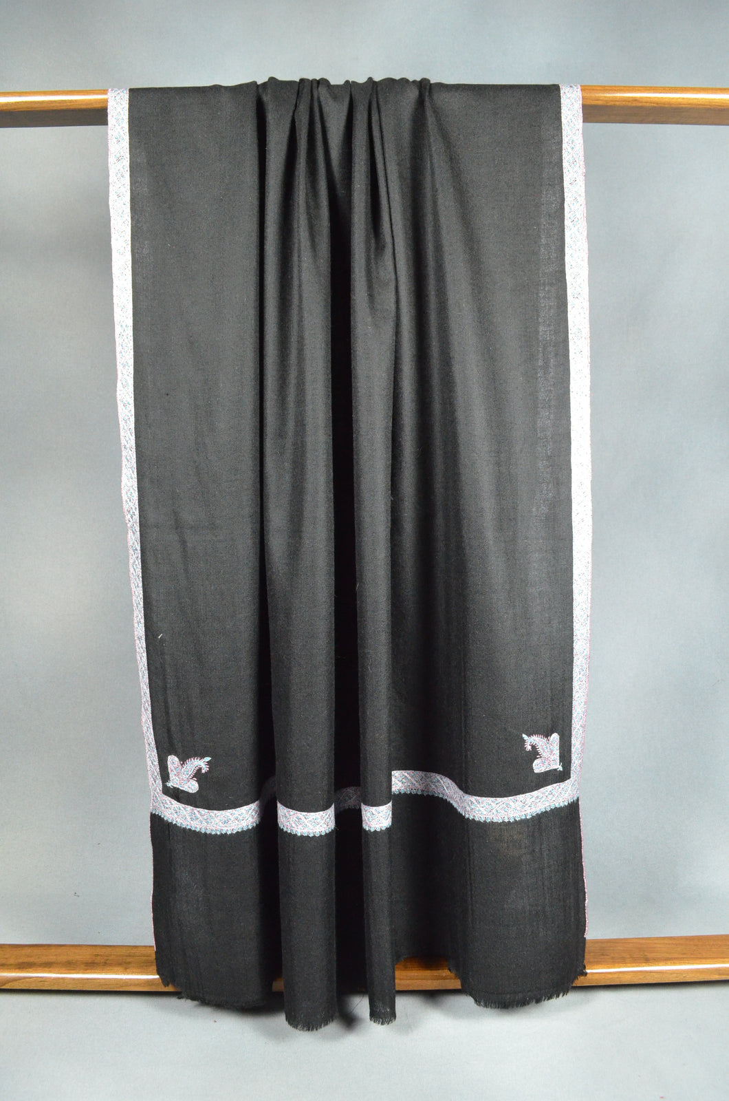 Black Base with White,pink and Blue Border Embroidery Cashmere Pashmina Shawl