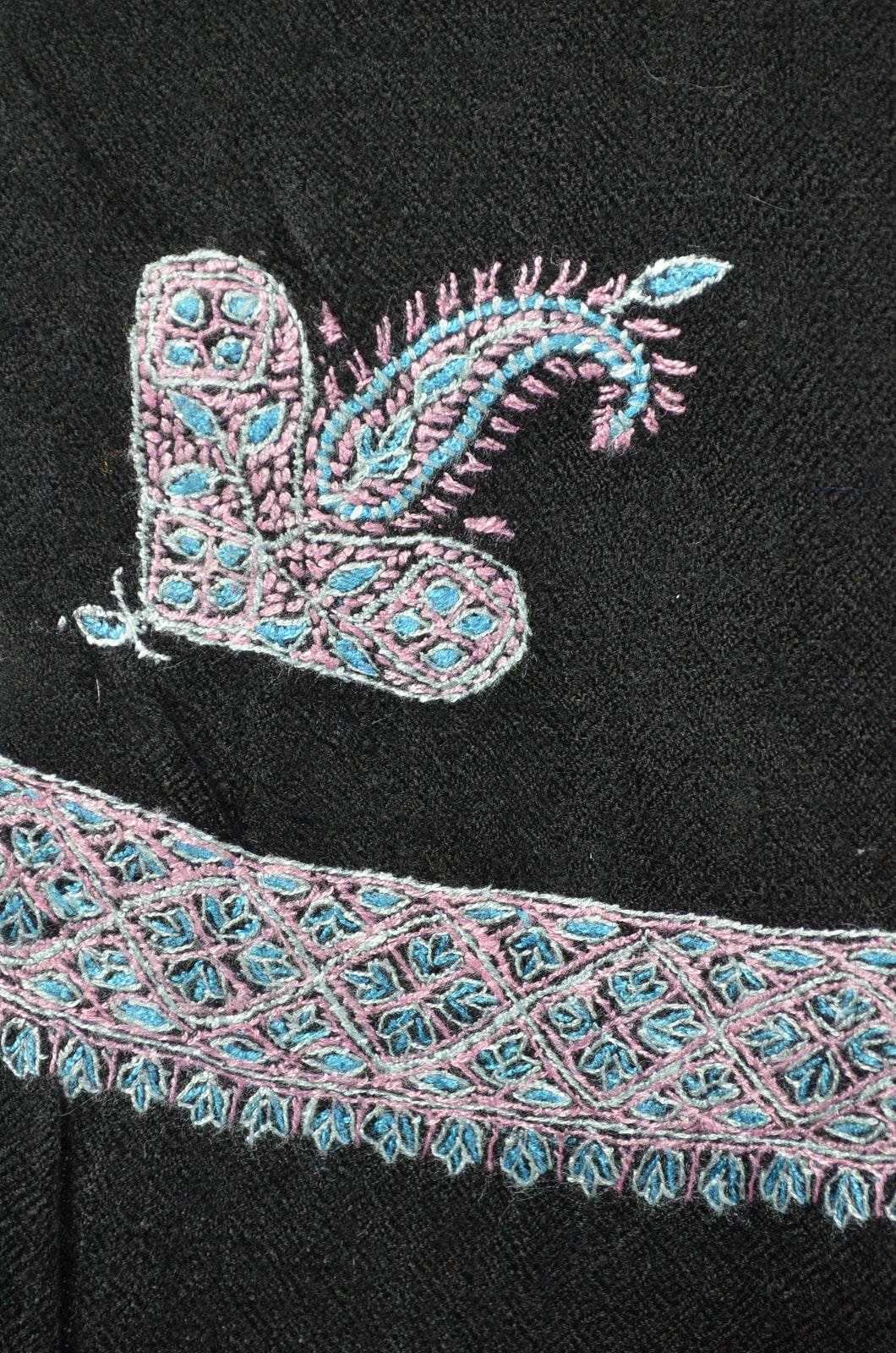 Black Base with White,pink and Blue Border Embroidery Cashmere Pashmina Shawl