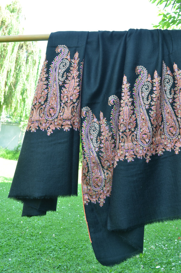 Black Big Border Embroidery Cashmere Pashmina Shawl