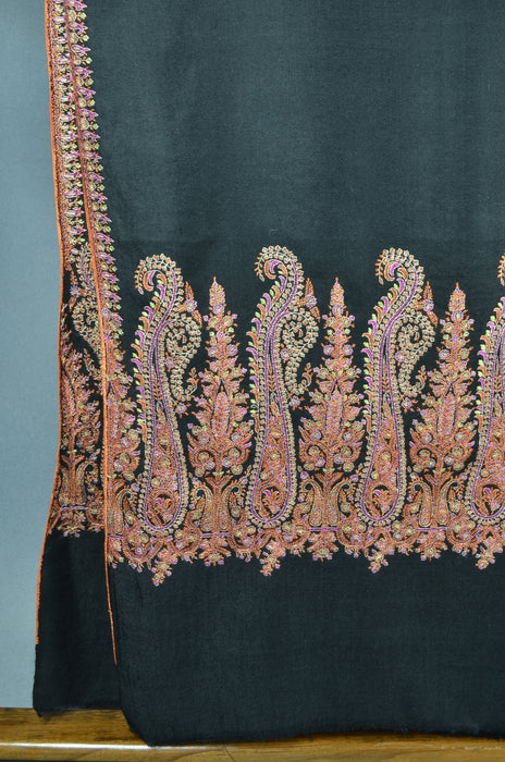 Black Big Border Embroidery Cashmere Pashmina Shawl
