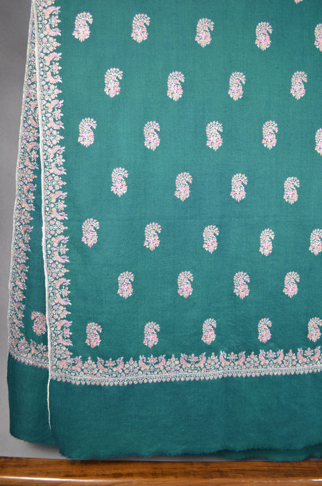 Green Butti-Dar & Border Embroidery Cashmere Pashmina Shawl
