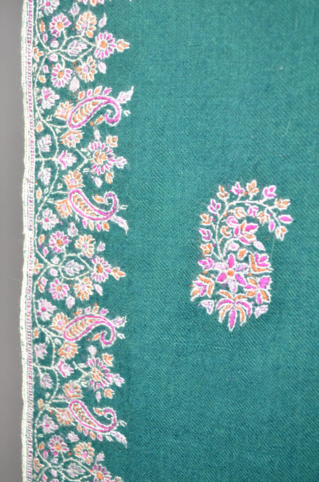 Green Butti-Dar & Border Embroidery Cashmere Pashmina Shawl