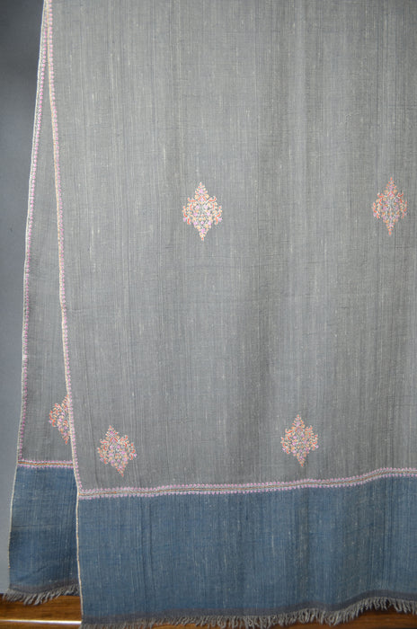 Grey Butti-Dar with Blue Border Embroidery Cashmere Pashmina Shawl