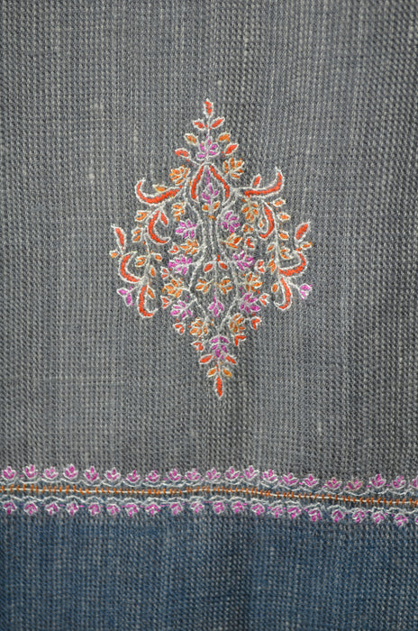 Grey Butti-Dar with Blue Border Embroidery Cashmere Pashmina Shawl