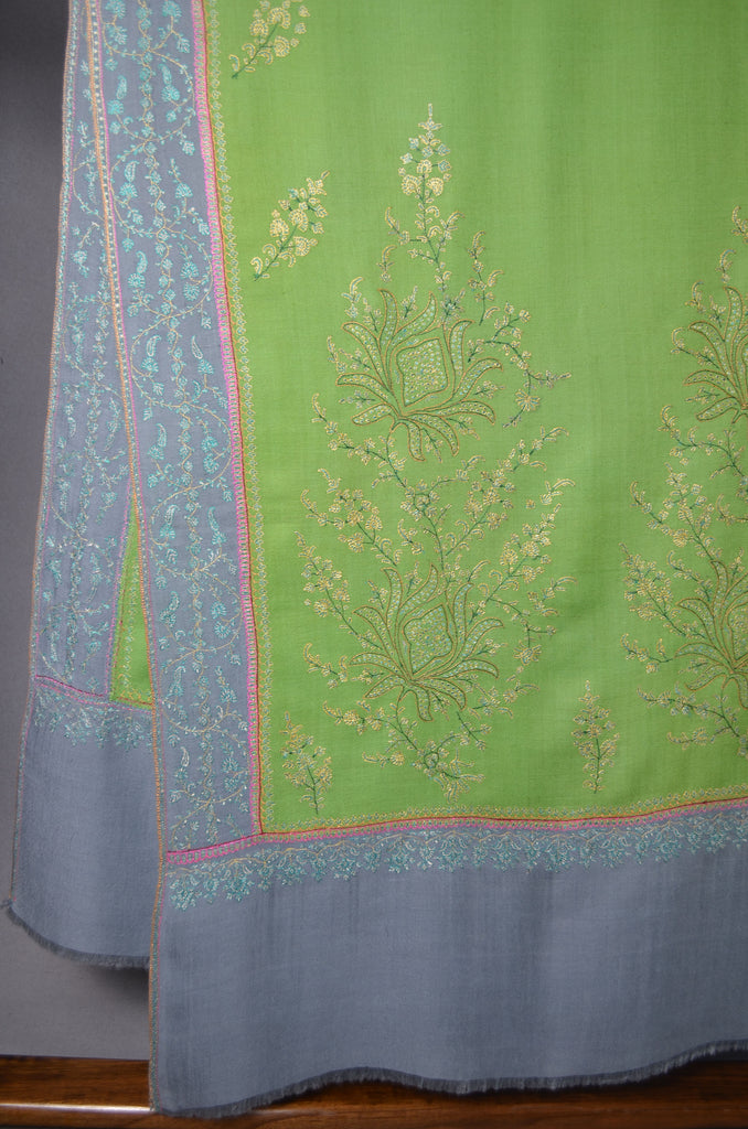 Lime Green with Grey border Pashmina Embroidery Shawl