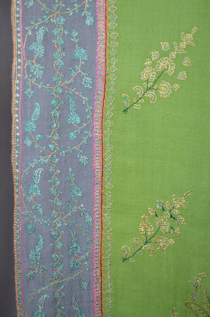 Lime Green with Grey border Pashmina Embroidery Shawl