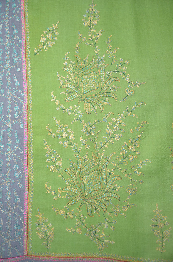 Lime Green with Grey border Pashmina Embroidery Shawl
