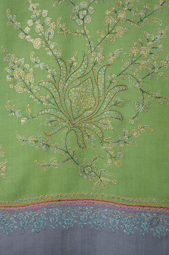 Lime Green with Grey border Pashmina Embroidery Shawl