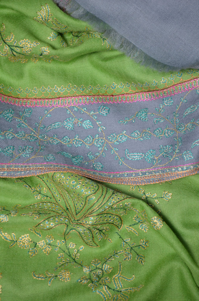 Lime Green with Grey border Pashmina Embroidery Shawl