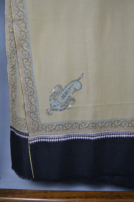 Un Dyed Natural Border Embroidery Cashmere Pashmina Shawl
