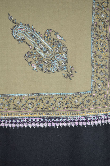 Un Dyed Natural Border Embroidery Cashmere Pashmina Shawl