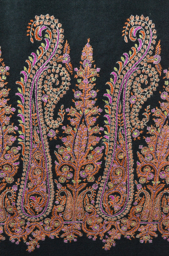 Black Big Border Embroidery Cashmere Pashmina Shawl
