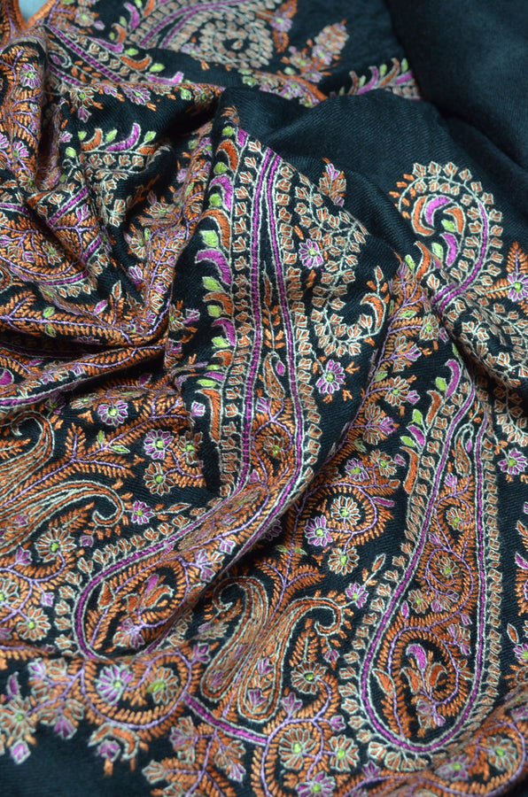 Black Big Border Embroidery Cashmere Pashmina Shawl