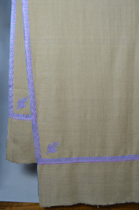 3 Yard Natural Base Periwinkle and Green Embroidery Cashmere Pashmina Shawl