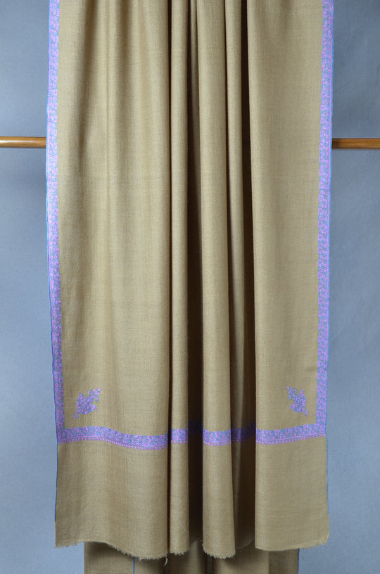 3 Yard Natural Base Periwinkle and Green Embroidery Cashmere Pashmina Shawl