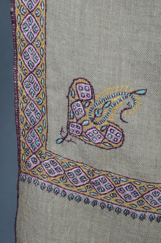 3 Yard Natural Base Periwinkle and Yellow Embroidery Cashmere Pashmina Shawl
