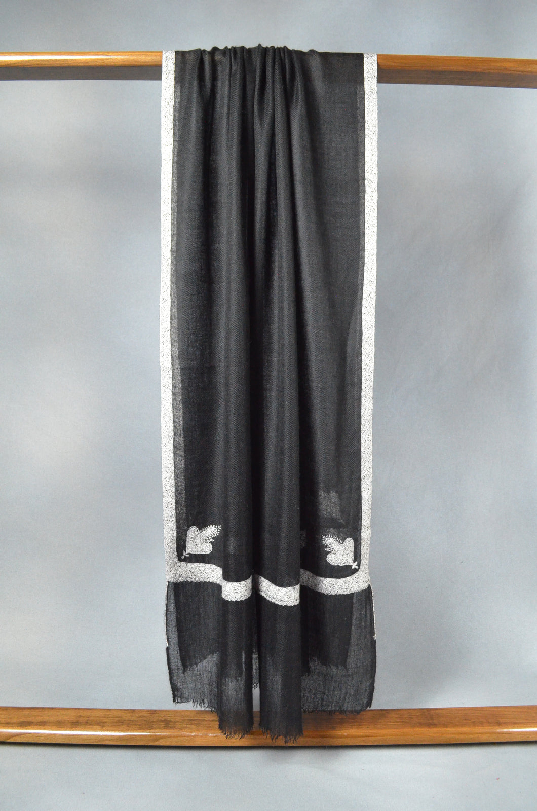 Black Base White Border Embroidery Cashmere Pashmina Scarf