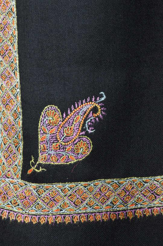 3 Yard Pashmina Gold Border Embroidery Shawl in Black Base