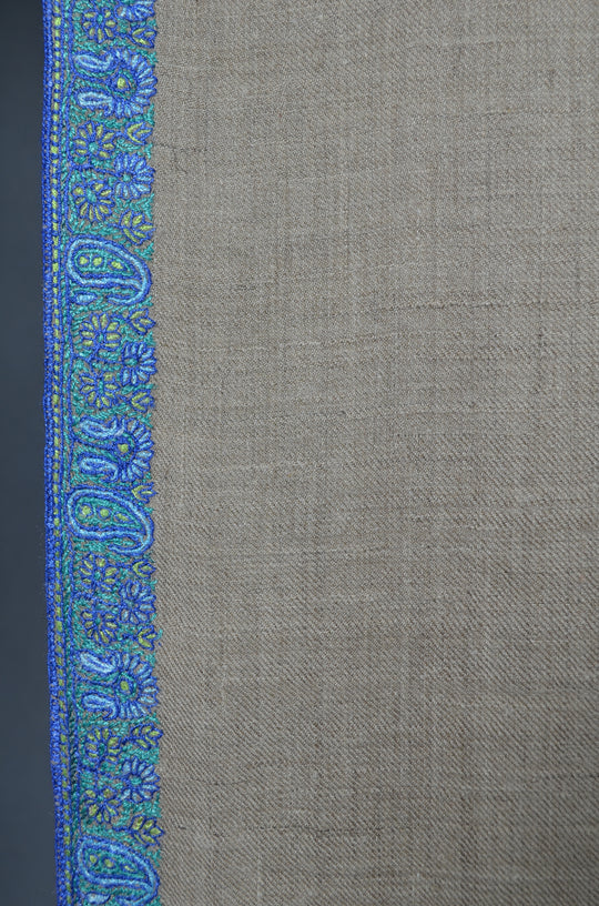 3 Yard Pashmina Blue Border Embroidery Shawl in Natural Base