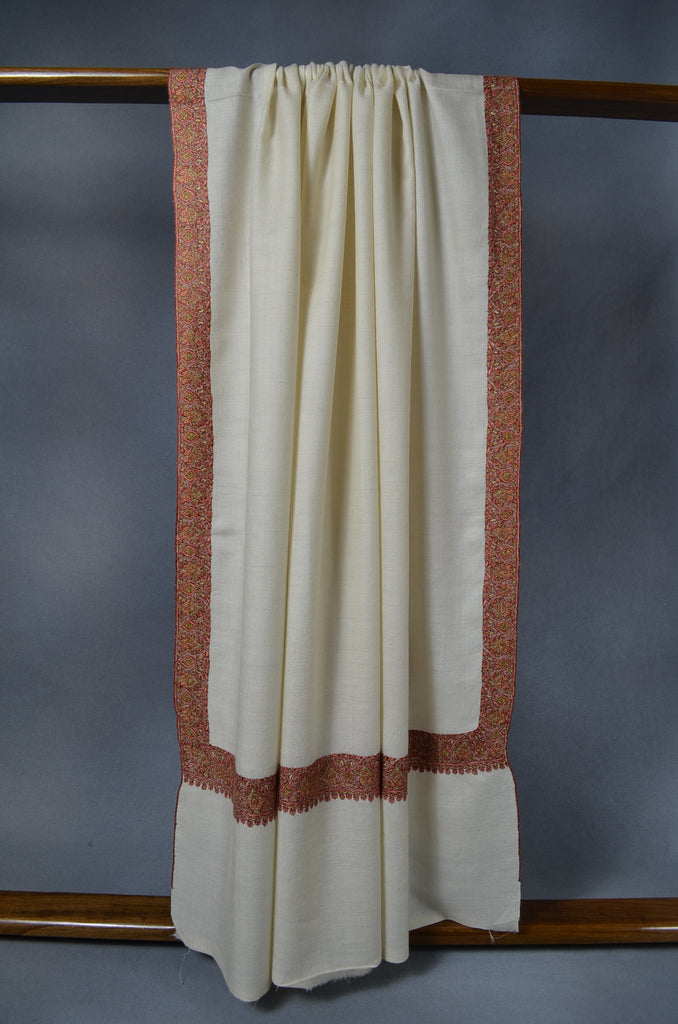 Ivory Base Big Red Border Embroidery Cashmere Pashmina Shawl