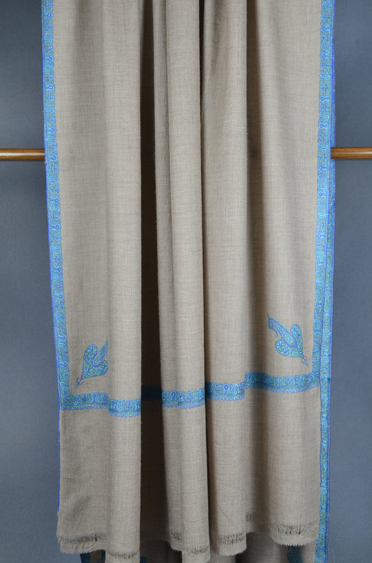 3 Yard Pashmina Blue Border Embroidery Shawl in Natural Base