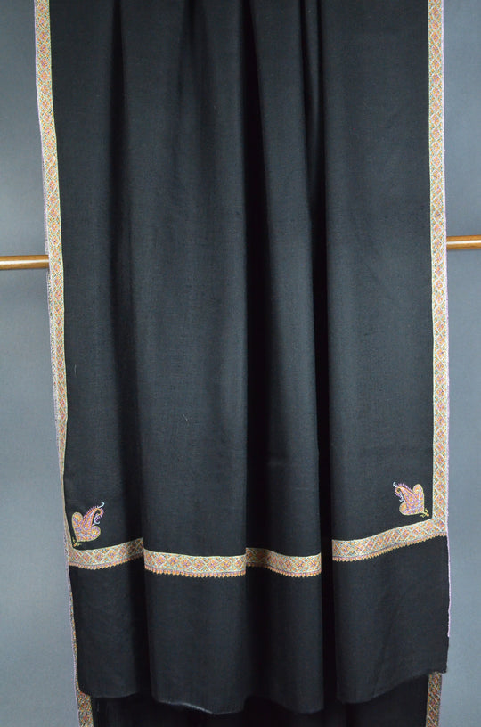 3 Yard Pashmina Gold Border Embroidery Shawl in Black Base