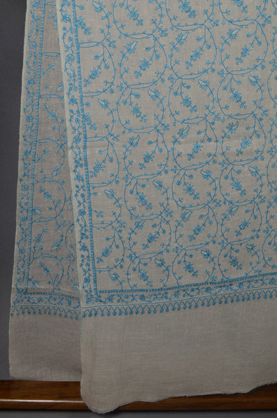 White Base Turquoise Embroidery Cashmere Pashmina Scarf