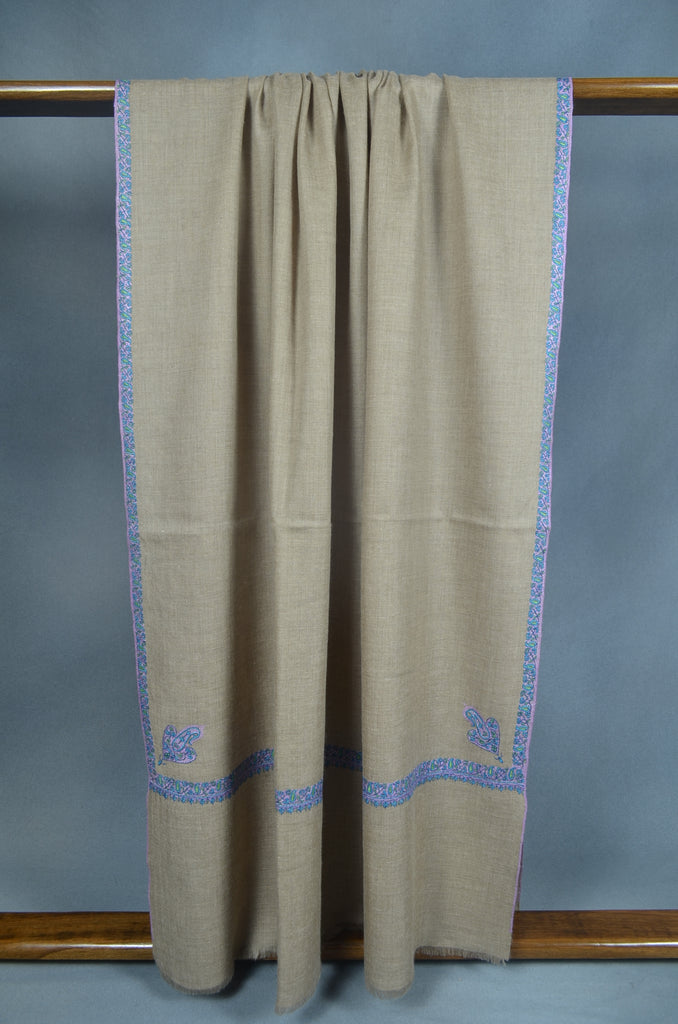 Natural Base With Blue Border Embroidery Cashmere Pashmina Shawl