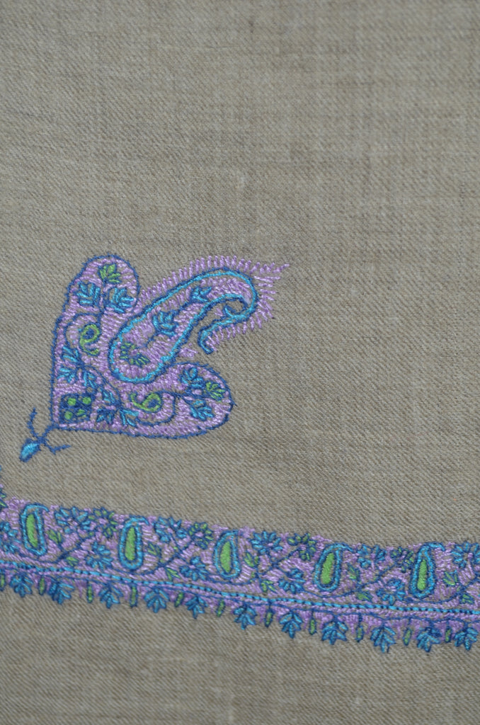 Natural Base With Blue Border Embroidery Cashmere Pashmina Shawl