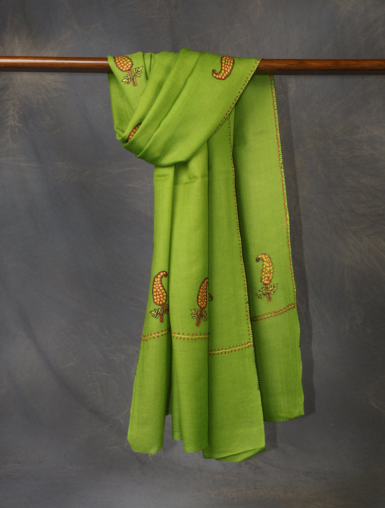 Green Base Buteh Merino Sozni Hand Embroidery Scarf