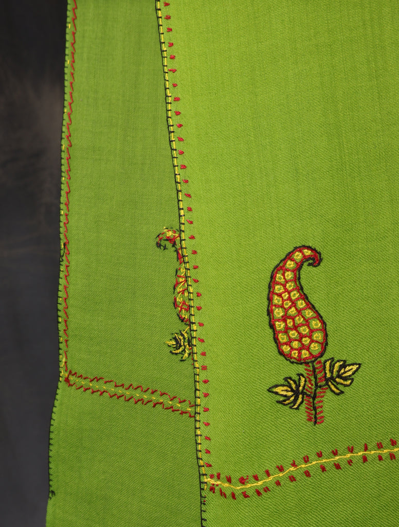 Green Base Buteh Merino Sozni Hand Embroidery Scarf