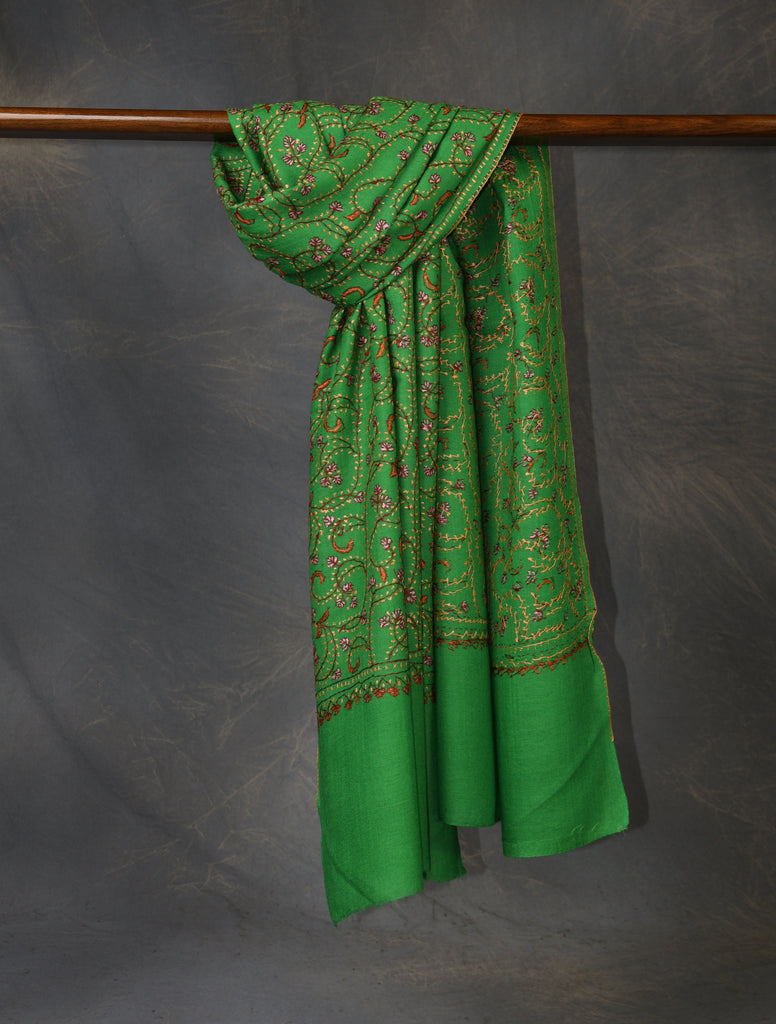 Green Base Jali Sozni Embroidery Merino Wool Scarf