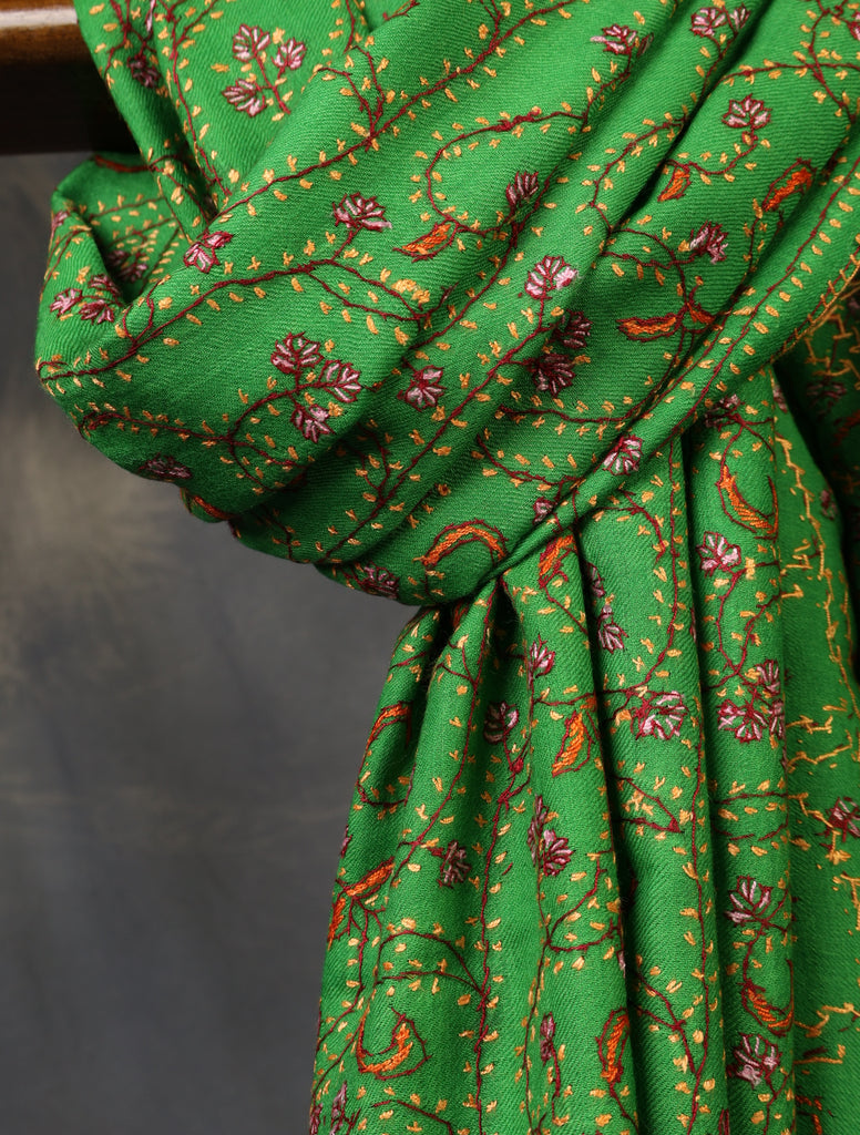 Green Base Jali Sozni Embroidery Merino Wool Scarf
