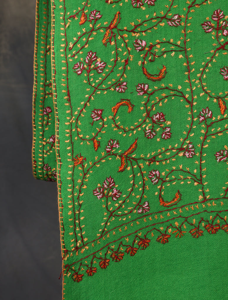 Green Base Jali Sozni Embroidery Merino Wool Scarf