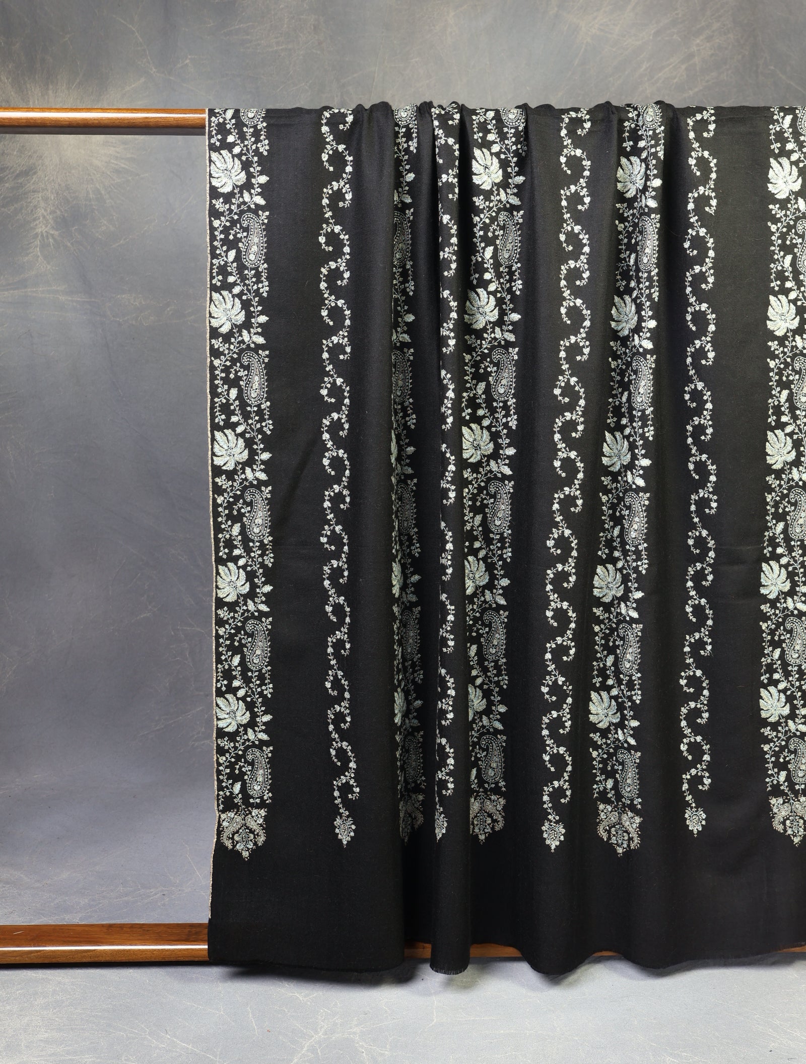 Black Base Striped Jali Embroidery Handwoven Cashmere Shawl