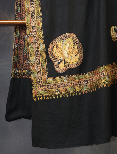 Black Base With Zari and Sozni Embroidery Merino Wool Shawl
