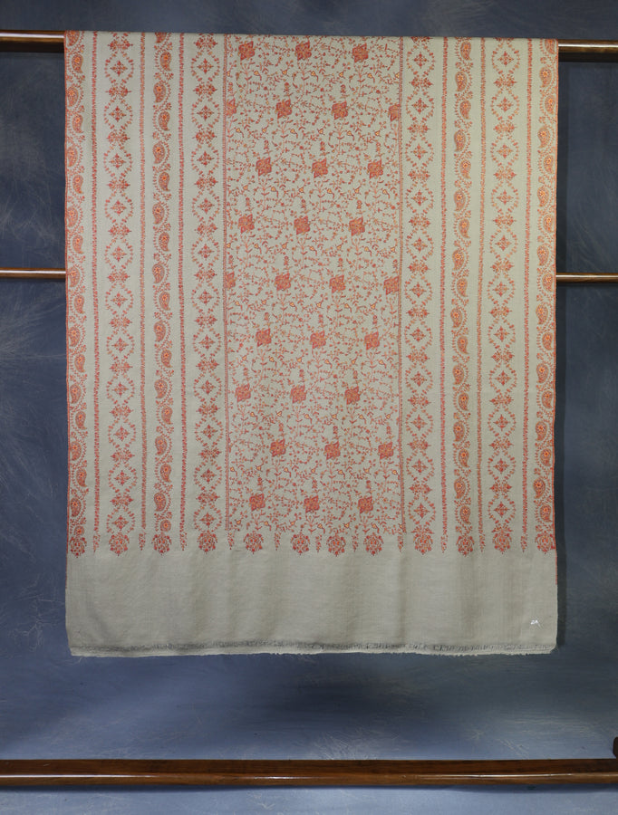 Beige Butti Dar And Jali Embroidery Cashmere Pashmina Shawl