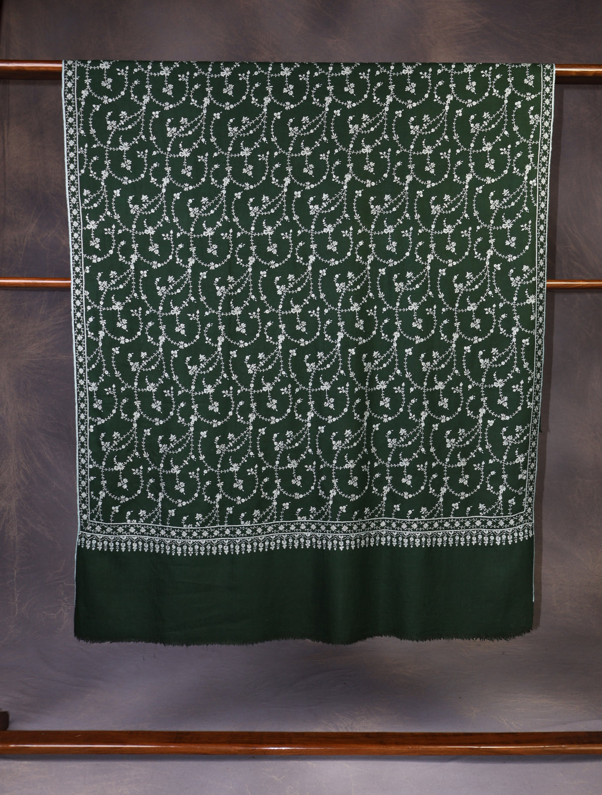 Bottle Green Base with whiteJali Embroidery Cashmere Pashmina Shawl