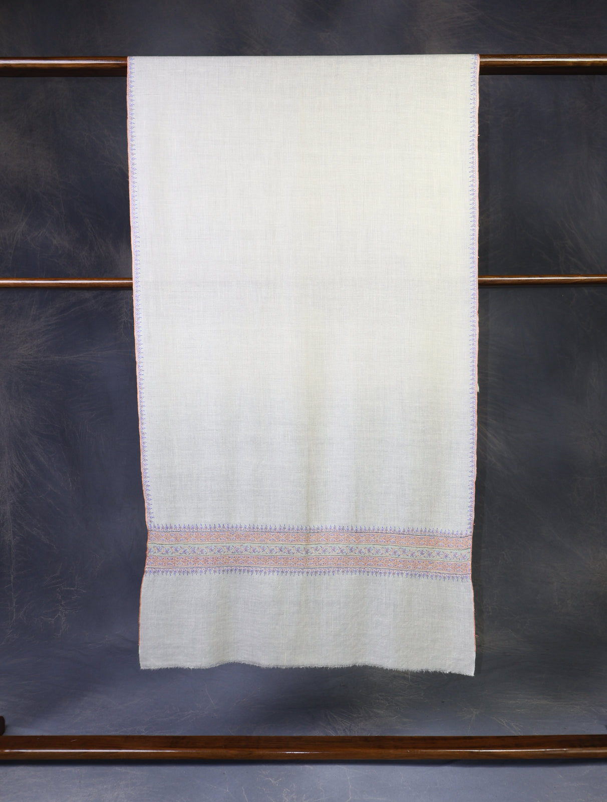 Ivory With Striped Motif Border Embroidery Cashmere Pashmina Scarf