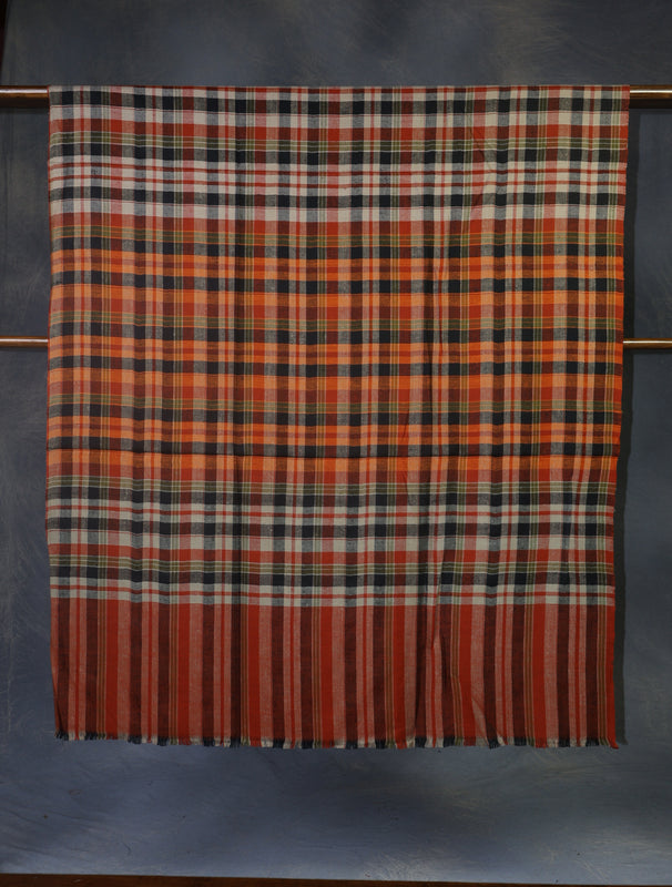 Orange Checked handwoven Cashmere Pashmina Shawl