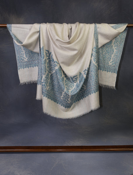 Ivory With Blue Border Embroidery Cashmere Pashmina Shawl